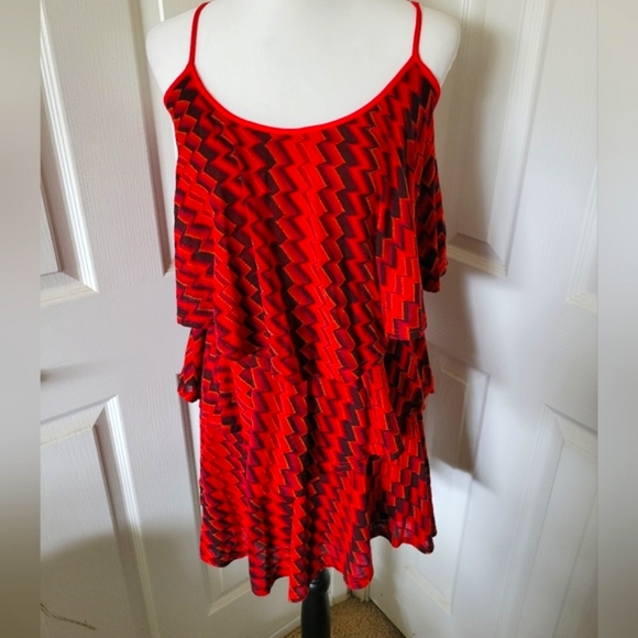 VaVa by Joy Han | Cute Red Sleeveless Chevron Tiered Flouncy Ruffle Dress - Picture 8 of 13